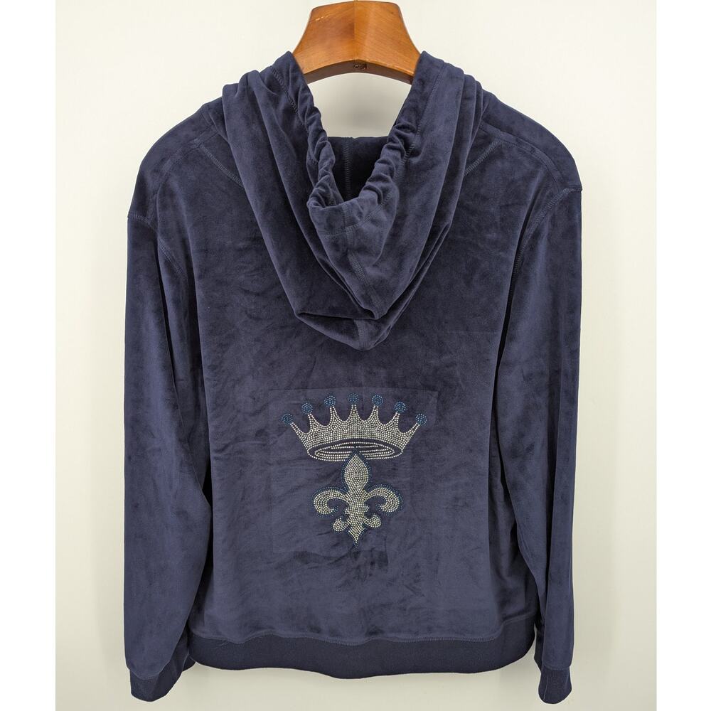 Soft Velvet 3XL White Mark Navy Blue Y2K Full Zip Hoodie Rhinestone Crown Design